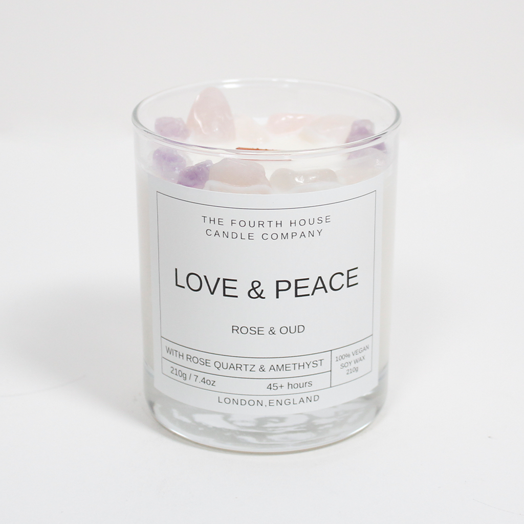 The Love and Peace Candle with Rose Quartz and Amythyst (Rose and Oud) –  The Fourth House Candle Company