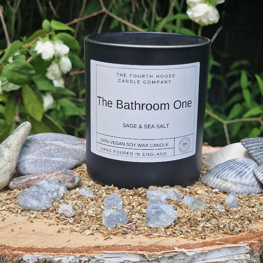 The Bathroom One (Sage and Sea Salt) - Soy Wax Candle with Cracking Wood Wick. 220g - Hand Poured in Small Batches, Highly Scented, Clean Burning, Long Lasting and Eco - friendly.