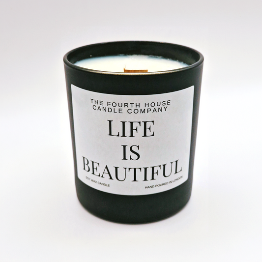 Life is Beautiful - Soy Wax Candle with Cracking Wood Wick. 220g - Hand Poured in Small Batches, Highly Scented, Clean Burning, Long Lasting and Eco - friendly.