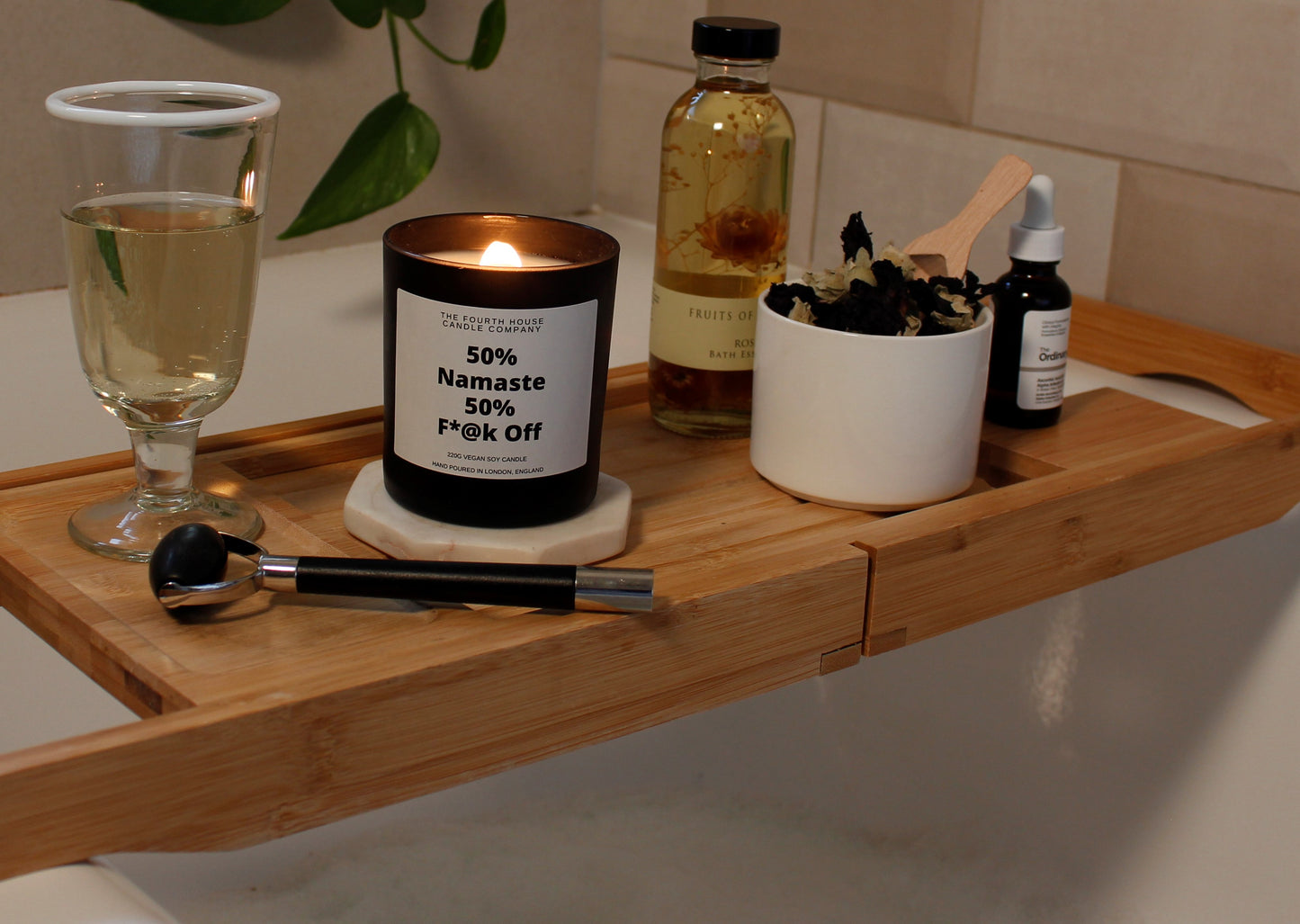 50% Namaste. Bath. Soy Wax Candle with Cracking Wood Wick. 220g - Long Lasting. UK made, clean burning and eco - friendly.